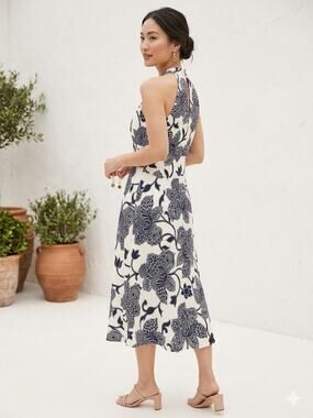Ann Taylor Petites Navy Floral Silk Cotton Halter Midi Dress Blue White Size 6P